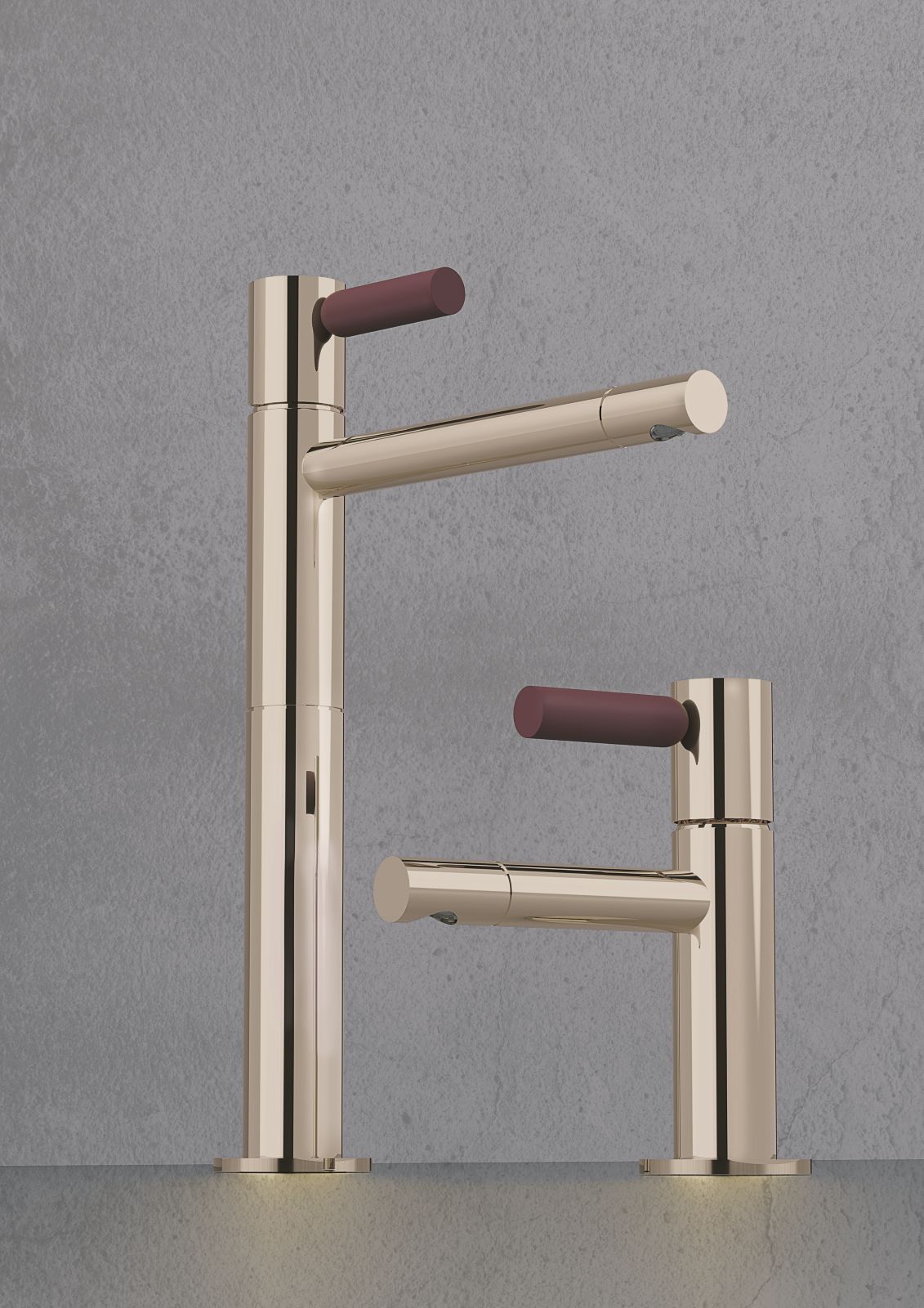 Può essere personalizzabile a piacimento la collezione SIDE di Rubinetterie Stella. Il miscelatore per lavabo in foto ha leva Soft Touch color Borgogna (ST2) mentre il corpo è in finitura Nichel PVD (PV02). Il modello più alto misura 34 cm, il più basso ha un’altezza di 17 cm. Prezzo su richiesta. www.rubinetteriestella.it