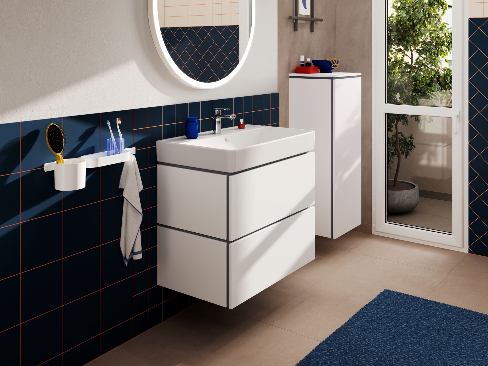 La collezione Xilesa E di Hansgrohe si propone con volumi puliti, tonalità neutre e profilo metallico. I cassetti senza maniglie sono dotati di tecnologia SoftClose per una chiusura silenziosa. I mobili sottolavabo sono disponibili in svariati formati e in quattro finiture di colore che vanno dal bianco opaco al caldo rovere cashmere. Sono realizzati con materiali resistenti all’umidità. Il mobile in foto, bianco opaco, con 2 cassetti e lavabo Xanuia Q misura L 58 x P 47 cm. Prezzo su richiesta. www.hansgrohe.it
