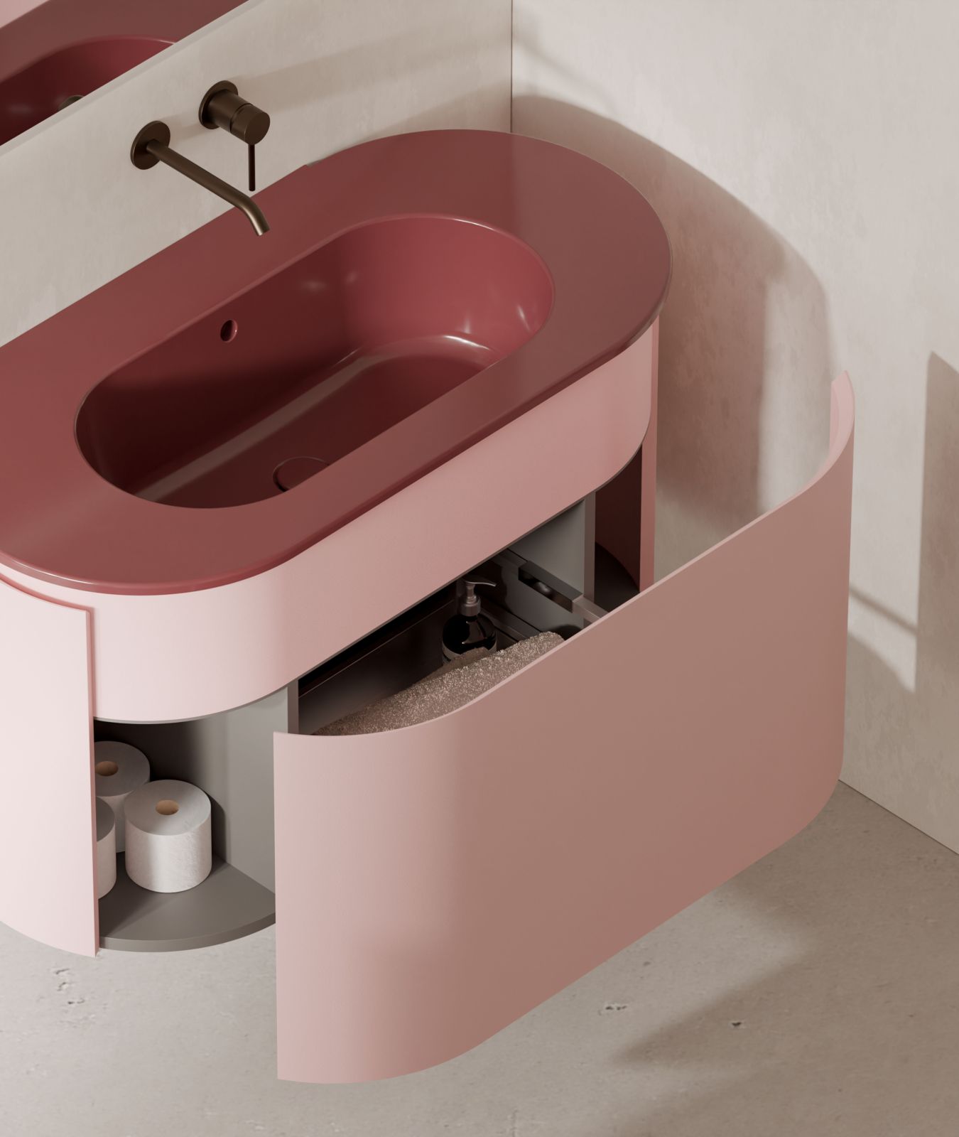 Ha forme arrotondate il mobile lavabo monoblocco sospeso Kalipè di Xilon con lavabo integrato in ceramica bianca o in ocritech bianco opaco profondo 18 cm. È dotato di un cassettone e due vani laterali interni. Misura L 101 x P 51 x H 57 cm. Prezzo della versione con lavabo in ocritech bianco opaco 2.954 euro. www.xilon.it