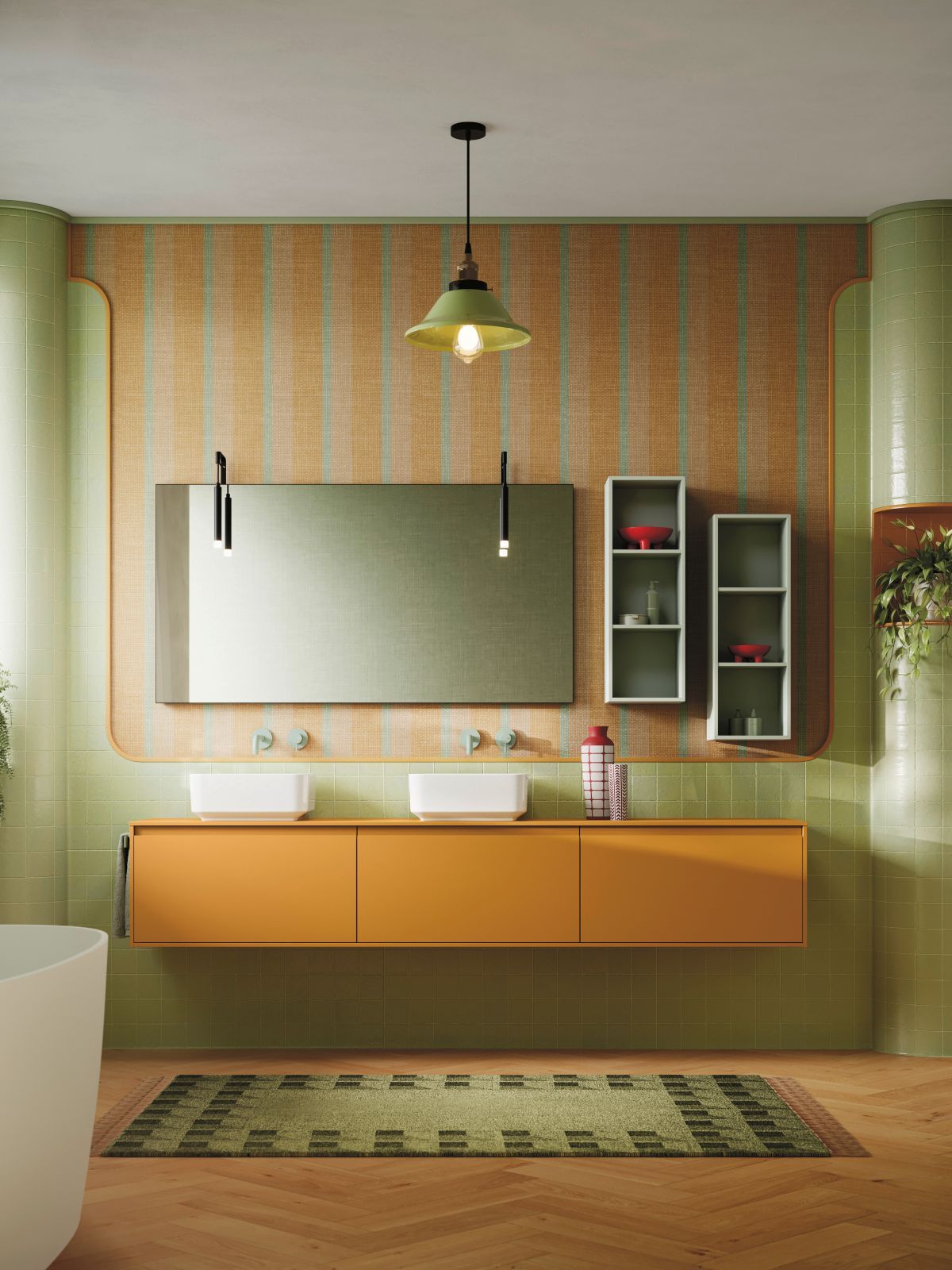 Nella composizione Street #4014 di Arbi Arredobagno il mobile lavabo sospeso in laccato Zucca opaco ha portasalviette Band Tè Verde. Sul piano top in tekno Zucca sono appoggiati i due lavabi Boxy 38 in ceramica bianca opaca. Ogni base portalavabo misura L 70 x P 45 x H 36,8 cm. Il top è alto 1,2 cm. Prezzo su richiesta. www.arbiarredobagno.it