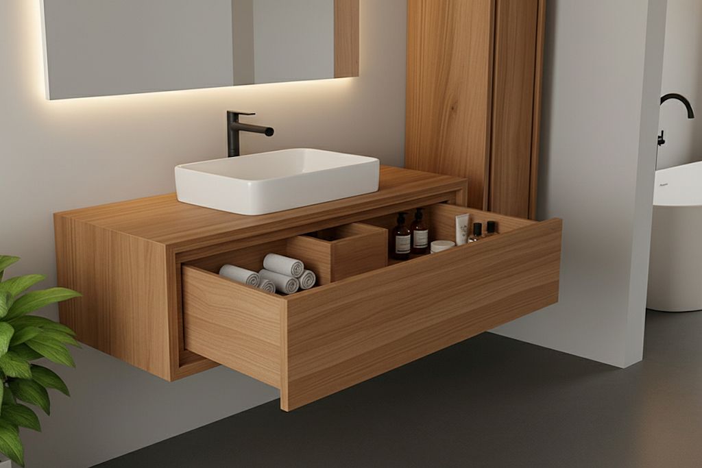 Ha cassetto con apertura push-pull e toppino per lavabo in appoggio in legno massello di Teak finitura naturale il mobile portalavabo sospeso Osaka di Iperceramica. Misura L 90 x P 51 x H 30 cm. Prezzo 619,90 euro. www.iperceramica.it