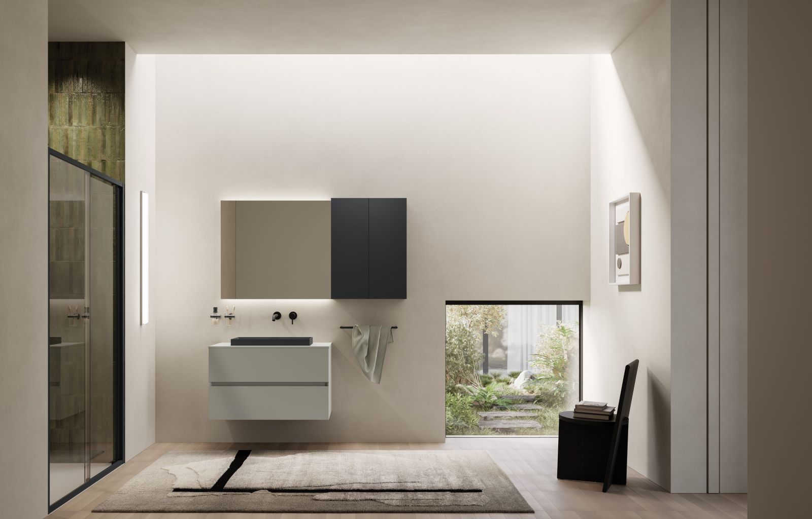 È laccato opaco Cemento la finitura del mobile sospeso Acuto Midi di Inda in foto nella versione per lavabo in appoggio con apertura centrale. È disponibile anche nella versione con lavabo integrato, in svariati colori e misure. Il modello in foto misura L 90 x P 54 x H 53,5 cm. Prezzo, comprensivo del top, 1.391 euro. www.inda.net