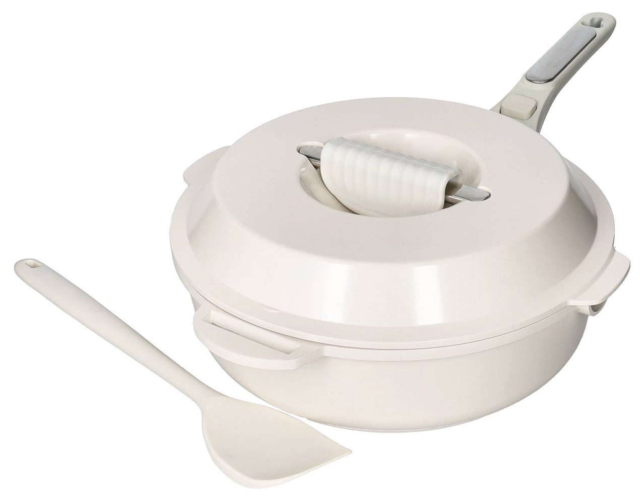 Realizzata in alluminio con rivestimento antiaderente in ceramica, Pandora di Brandani è pensata per una cucina versatile e funzionale. Può infatti friggere, cuocere a vapore, saltare in padella, bollire, arrostire, rosolare, cuocere lentamente, scolare, servire. Il cestello in inox, il coperchio, gli accessori in silicone e il manico removibile in bakelite la rendono pratica, compatta e perfetta. Prezzo 109,90 euro. www.brandani.it