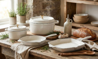 La Collezione Radici Ghisa di Villa d’Este Home Tivoli è realizzata ghisa smaltata per consentire di cucinare ingredienti acidi (come salsa di pomodoro o vino) senza che il metallo reagisca con il cibo o ne alteri il sapore. È progettata per la cottura con sistema Taste Drop: il coperchio trattiene il vapore in fase di cottura esaltando così il sapore e le proprietà nutrizionali degli alimenti. Casseruola con coperchio Ø 20 cm, prezzo 39,99 euro, bistecchiera cm 27x27 prezzo 29,99 euro. www.satur.it