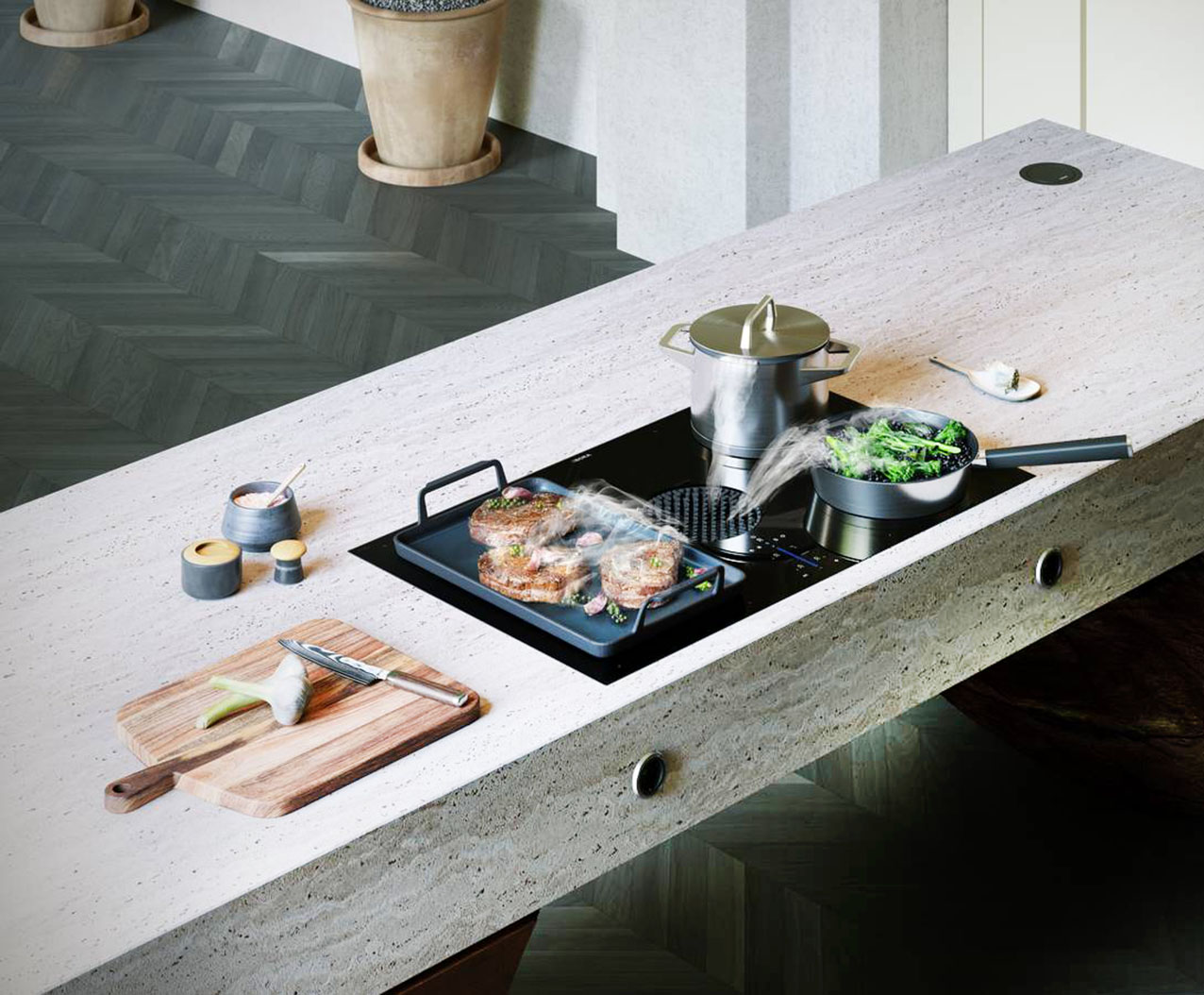 Il piano BORA M Pure grazie alla bocchetta di aspirazione e al filtro a carboni attivi, garantisce aria pulita durante e dopo la cottura. Ha 2 zone rotonde a sinistra e 2 zone a superficie a destra, collegabili tramite funzione Bridge per formarne un’unica, sistema di controllo multicolore sControl+ progettato per la massima leggibilità e funzioni Assist che supportano ogni fase di preparazione. È disponibile in vetroceramica in finitura opaca o lucida. Misura 76×51,5 cm. Prezzo da rivenditore. www.bora.com
