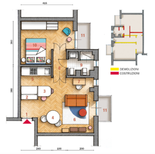 1 Ingresso
2 Guardaroba
3 Penisola
4 Zona pranzo
5 Angolo cottura
6  Soggiorno
7  Postazione studio
8 Disimpegno/antibagno 9 Bagno 10 Camera 11 Balcone
