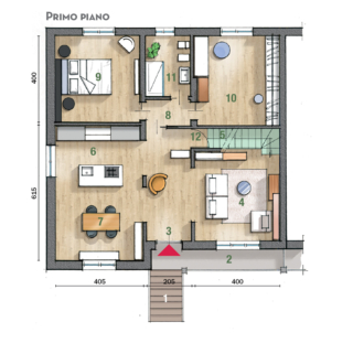 1 Scala esterna 2 Porticato 3 Ingresso 4 Soggiorno a doppia altezza
5 Scala 6 Cucina 7 Zona pranzo 8 Disimpegno
9 Camera matrimoniale 10 Camera 11 Bagno 12 Sottoscala 1 Scala esterna 2 Porticato 3 Ingresso 4 Soggiorno a doppia altezza
5 Scala 6 Cucina 7 Zona pranzo 8 Disimpegno
9 Camera matrimoniale 10 Camera 11 Bagno 12 Sottoscala