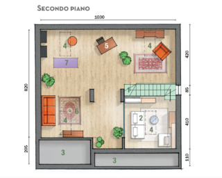 1 Scala 2 Vuoto sul soggiorno 3 Sottotetto non abitabile 4 Finestra da tetto 5 Postazione studio 6 Area living relax 7 Spazio fitness 1 Scala 2 Vuoto sul soggiorno 3 Sottotetto non abitabile 4 Finestra da tetto 5 Postazione studio 6 Area living relax 7 Spazio fitness