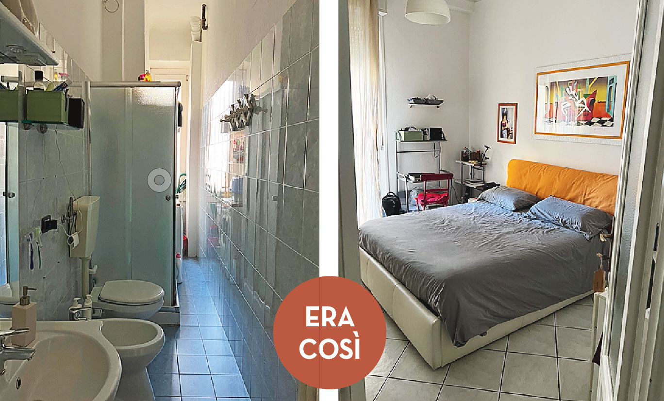 Il bagno, prima eccezionalmente stretto e poco pratico, è stato ingrandito integrando l'ex cucinotto. La camera matrimoniale e il soggiorno sono stati invertiti di posizione rispetto allo stato di fatto.