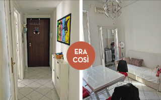 Nello stato di fatto, lo stretto corridoio che partiva dall'ingresso distribuiva gli ambienti, e il living era in fondo alla casa. Adesso
la zona dell'entrata è integrata nell'ambiente giorno aperto.