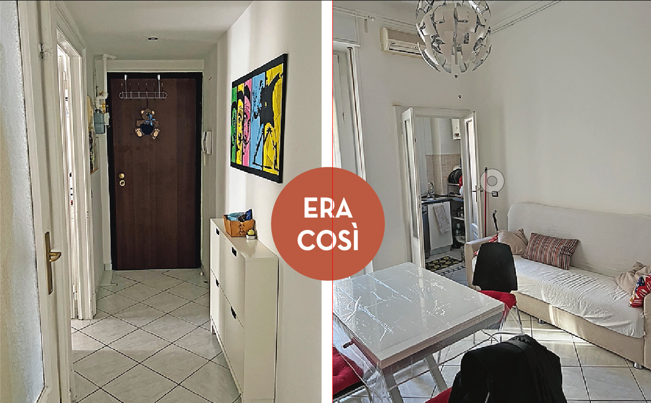 Nello stato di fatto, lo stretto corridoio che partiva dall'ingresso distribuiva gli ambienti, e il living era in fondo alla casa. Adesso
la zona dell'entrata è integrata nell'ambiente giorno aperto.