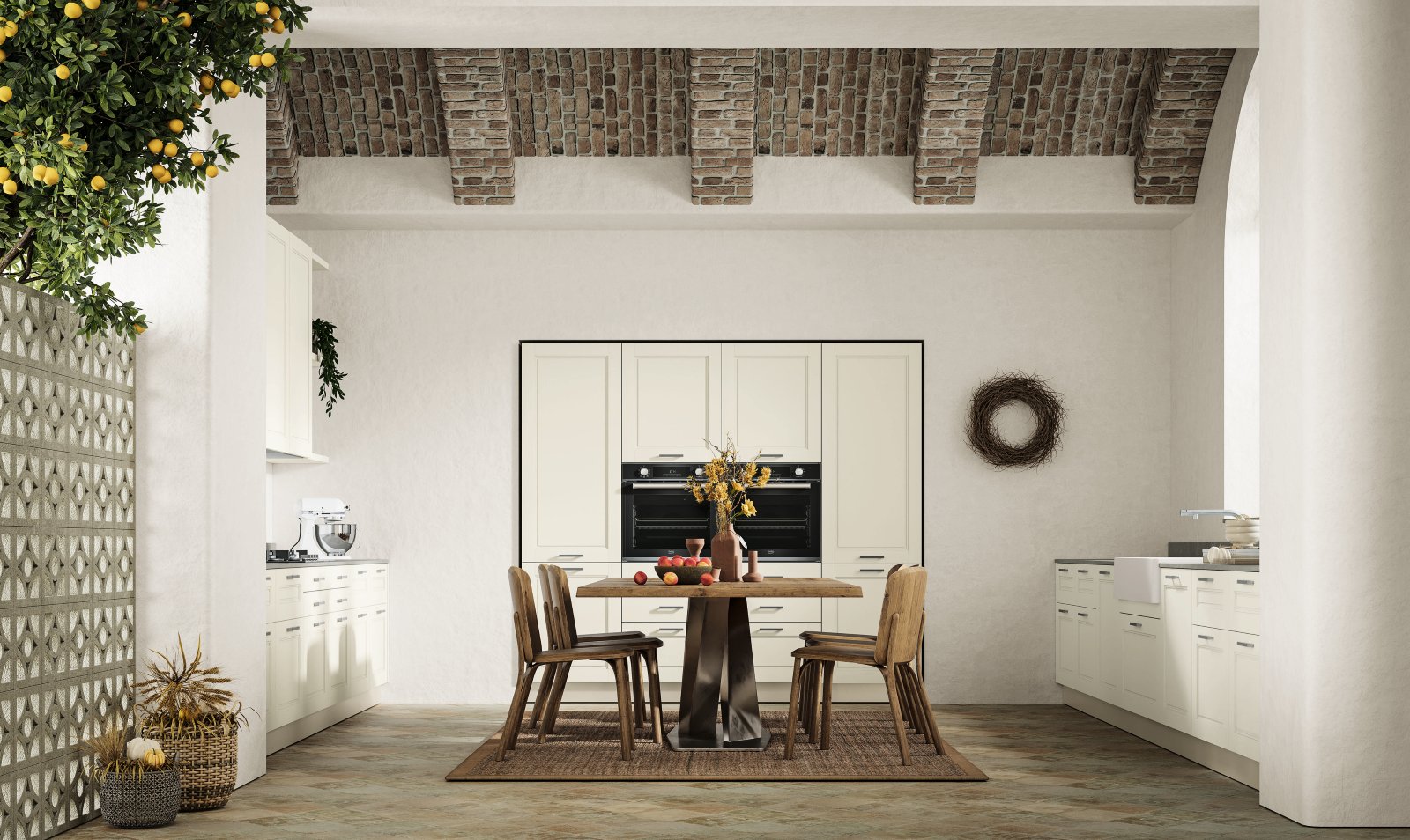 La cucina Alice Collection di Arrex interpreta la tradizione del design italiano attraverso l’eleganza dell’anta a telaio, elemento che racconta il valore della lavorazione artigianale e il savoir-faire del brand. Le ante in finitura Alice Bianco RAL 9003 spazzolato valorizzano la luminosità dello spazio grazie alla delicata sfumatura seta. Il piano di lavoro in gres New York Silk con spessore 2 cm completa la composizione con una superficie elegante e resistente, mentre lo zoccolo in metallo bianco H.12 dona continuità e leggerezza all’insieme. A completare l’ambiente, il tavolo coordinato alla cucina diventa un elemento di continuità progettuale tra zona operativa e area pranzo, valorizzando l’armonia delle finiture e creando uno spazio accogliente dedicato alla convivialità. Prezzo della composizione su richiesta. www.arrex.it