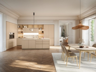 La cucina Sakura di Veneta Cucine reinterpreta l'anta a telaio in chiave contemporanea, con una cornice sottile e il sistema di apertura ShellSystem integrato. La composizione, nella finitura Frassino laccato Beige Ticinese, abbina il calore del legno al piano di lavoro e allo schienale Minuetto in Caranto Ker Calacatta Macchia Vecchia, creando un raffinato equilibrio tra materia e design. Al centro dell'ambiente trova posto il tavolo Tancredi, con struttura in finitura Rovere Ikebana e piano in ceramica Caranto Ker Salentina Opaco, che riprende il linguaggio materico della cucina e completa con eleganza la zona pranzo. Prezzo della composizione a partire da 404 euro per una base da 60 cm. www.venetacucine.com
