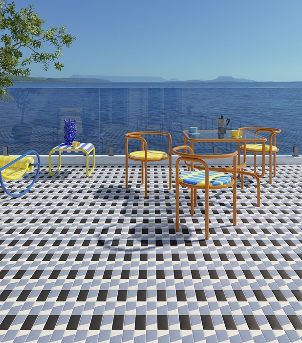 Ispirato all’artigianato marocchino, il gres porcellanato Kilim di Eccentrico reinterpreta i tappeti dal design geometrico. La collezione gioca con i colori e le finiture opache e lucide. Il pavimento è rivestito con Kajal matt di colore nero, Sky glossy azzurro e Khat Cloud, decoro a taglio diagonale in bianco e azzurro. Altri colori sono Spicy rosso intenso, Clay rosso terroso, Mint verde brillante, Cedar verde scuro, Sand beige e Rose rosa delicato. Nel formato 5,8 x 11,6 cm, spessore 8 mm, prezzo da 109 euro al mq + Iva. www.eccentri.co