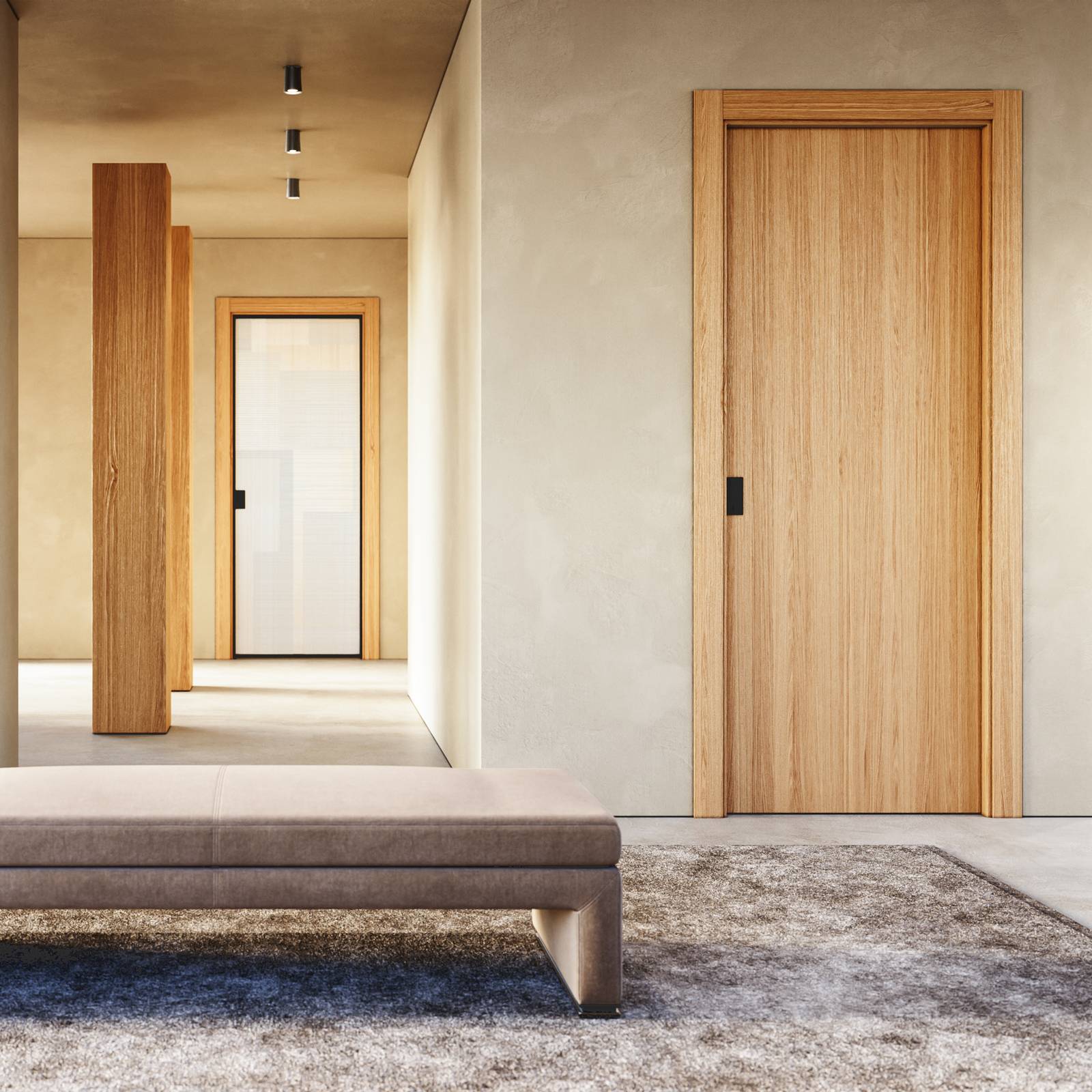 Porte battenti Cristal Frame e Liss in Rovere Alba con maniglia Wave. Porte battenti Cristal Frame e Liss in Rovere Alba con maniglia Wave.