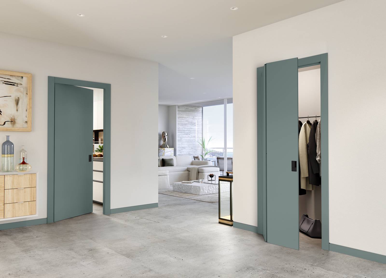 Porta battente Equa con telaio Evoluto Eleva e pieghevole Fold 180 entrambe nella finitura ULTRAopaco Metallo Light con maniglia Wave. Coordinato anche il battiscopa, della stessa finitura delle porte Porta battente Equa con telaio Evoluto Eleva e pieghevole Fold 180 entrambe nella finitura ULTRAopaco Metallo Light con maniglia Wave. Coordinato anche il battiscopa, della stessa finitura delle porte