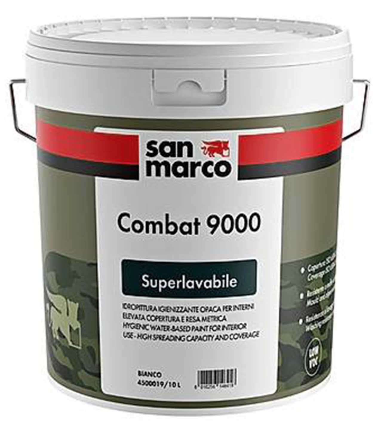 L'idropittura superlavabile Combat 9000 di San Marco, a base di resina etilenica, resiste ad abrasioni e umidità. La latta da 4 litri, in bianco, costa 66,31 euro. www.san-marco.com L'idropittura superlavabile Combat 9000 di San Marco, a base di resina etilenica, resiste ad abrasioni e umidità. La latta da 4 litri, in bianco, costa 66,31 euro. www.san-marco.com