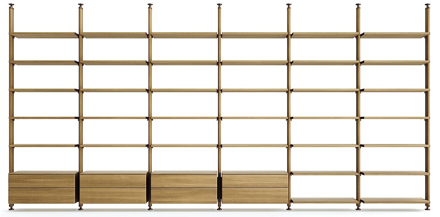 L25 day di Lema ha montanti in alluminio verniciato impiallacciato noce e ripiani e contenitori in Mdf nella stessa finitura. Un modulo con 2 montanti, 5 ripiani e 1 contenitore a due cassetti misura L 101 x P 41,4 x H 278 cm e costa 6.866 euro. www.lemamobili.com L25 day di Lema ha montanti in alluminio verniciato impiallacciato noce e ripiani e contenitori in Mdf nella stessa finitura. Un modulo con 2 montanti, 5 ripiani e 1 contenitore a due cassetti misura L 101 x P 41,4 x H 278 cm e costa 6.866 euro. www.lemamobili.com