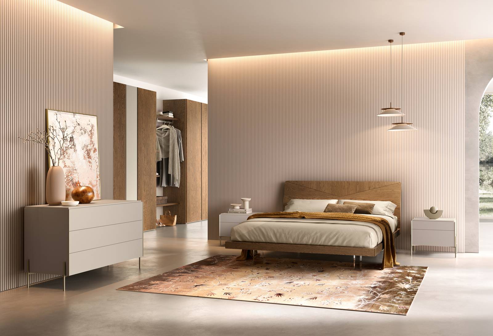 Moretti Compact Giorno Notte, composizione V13, Camera Ventura con Letto Apollo. Linea prodotto Eclipse, Impiallacciato Rovere Tabacco, Laccato Perla Opaco, Alluminio Golden Rose. Moretti Compact Giorno Notte, composizione V13, Camera Ventura con Letto Apollo. Linea prodotto Eclipse, Impiallacciato Rovere Tabacco, Laccato Perla Opaco, Alluminio Golden Rose.