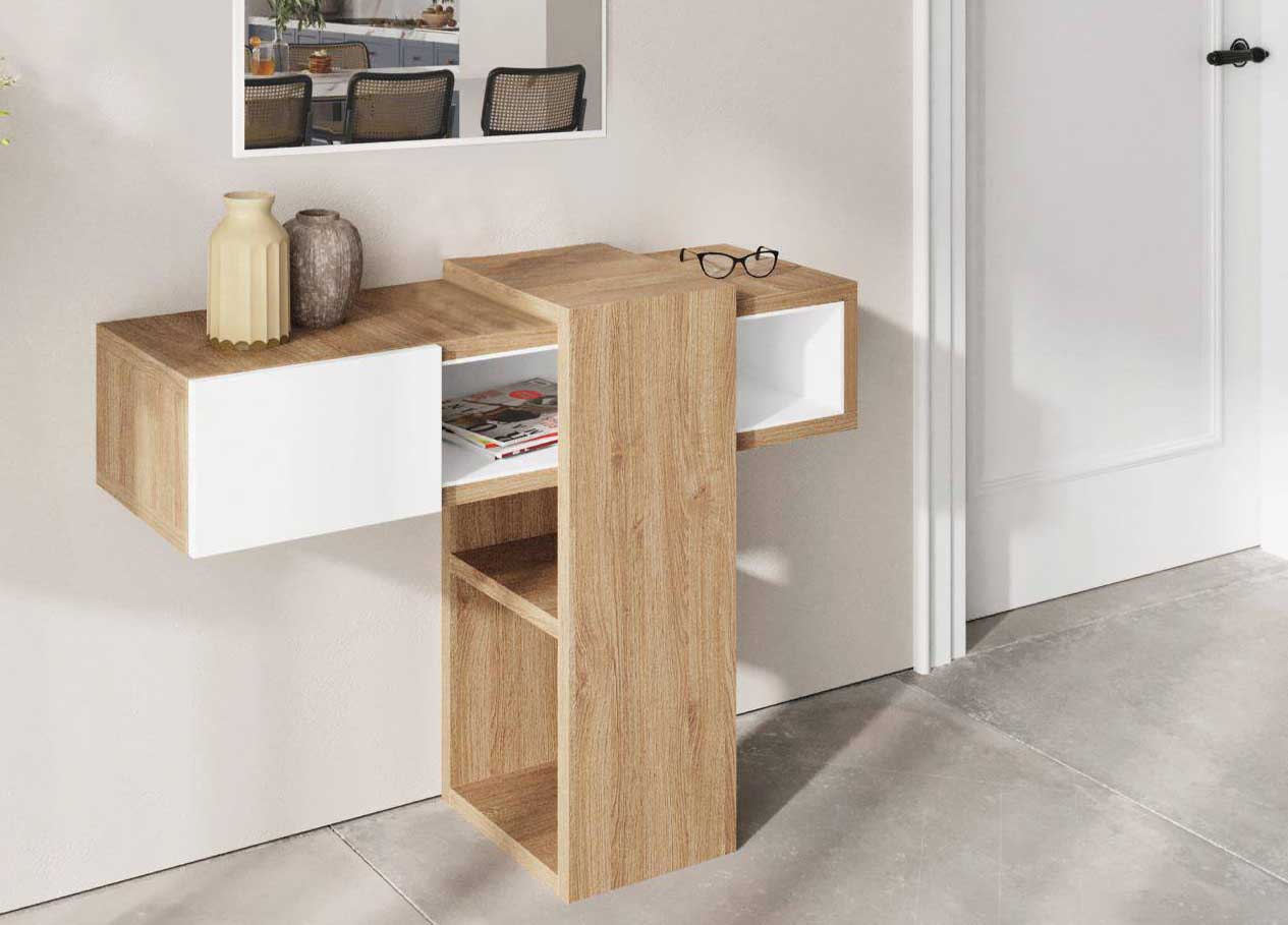 In finitura bianco ed effetto legno, Nevay di Deghi misura L 100 x P 30 x H 72,5 cm. Costa 128 euro (specchio incluso).  www.deghi.it