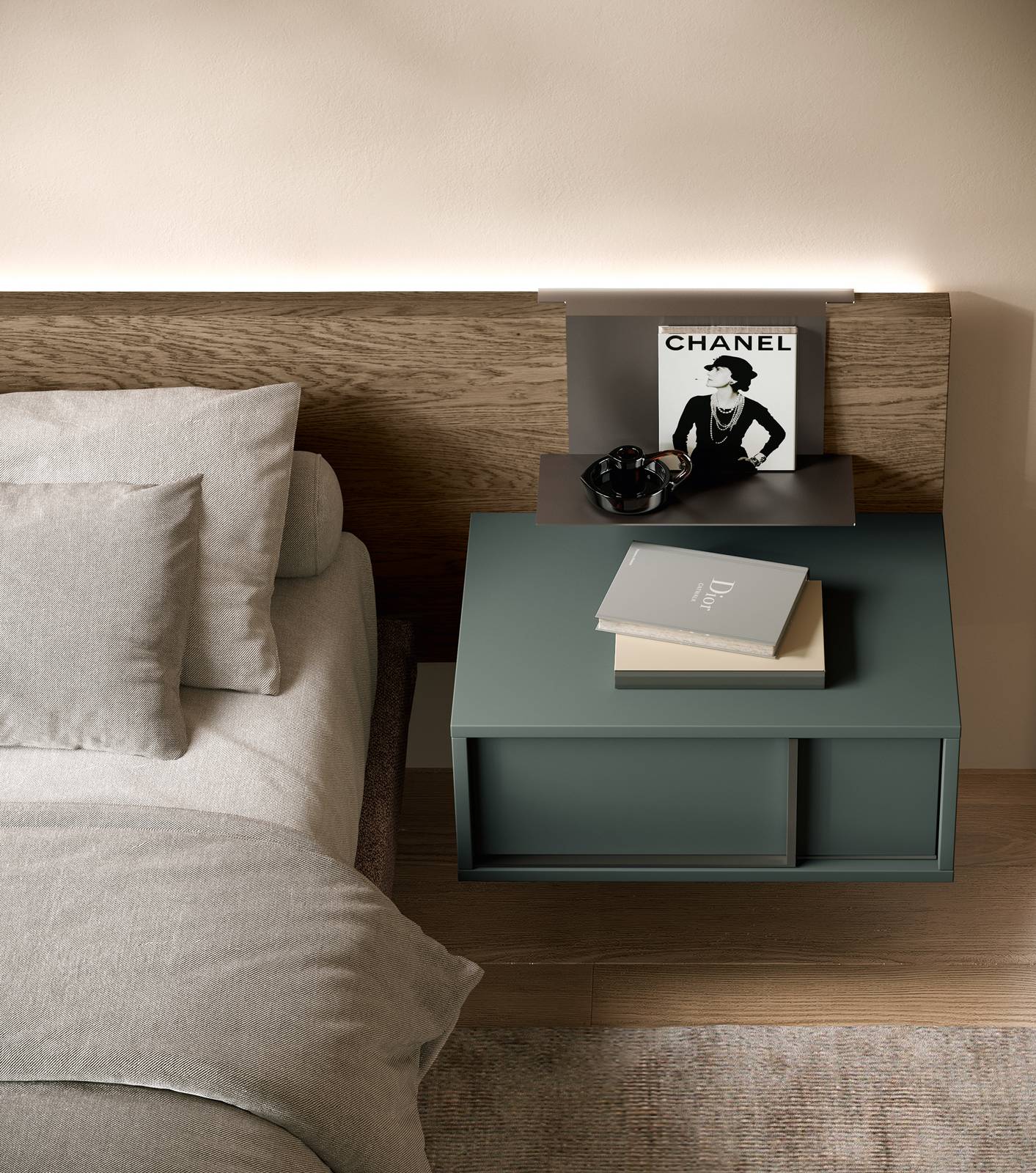 Testiera e comodino Moretti Compact Giorno Notte, composizione P12, Camera Profile con Letto Wall Panel e giroletto Ypsilon sommier Testiera e comodino Moretti Compact Giorno Notte, composizione P12, Camera Profile con Letto Wall Panel e giroletto Ypsilon sommier