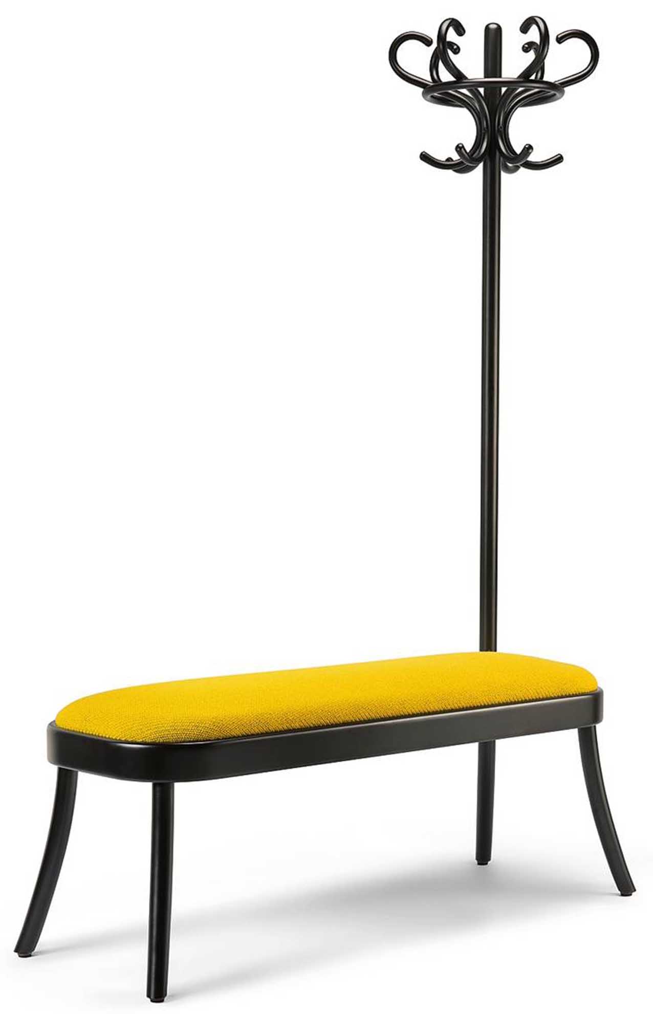 La panca-appendiabiti Coat Rack Bench di Gebrüder Thonet Vienna GmbH con struttura in legno curvato laccato nero e seduta imbottita rivestita in tessuto giallo misura L 136 x P 59 x H 188 cm. Costa da 2.315 euro. www.gebruederthonetvienna.com