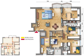 1 Ingresso 2 Pilastro attrezzato 3 Guardaroba 4 Soggiorno 5 Zona pranzo 6 Cucina 7 Balcone 8 Corridoio 9 Antibagno 10 Bagno 11 Camera matrimoniale 12 Cabina armadio 13 Camera 14 Lavanderia