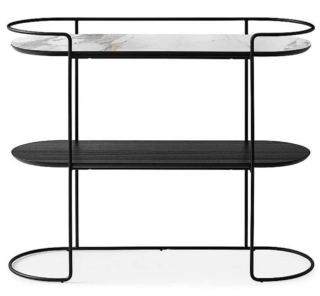 Atollo di Calligaris ha la struttura in tondino di metallo nero, il ripiano superiore in marmo bianco lucido e inferiore in legno. Misura L 100 x P 35 x H 80,5 cm. Costa da 899 euro. www.calligaris.it