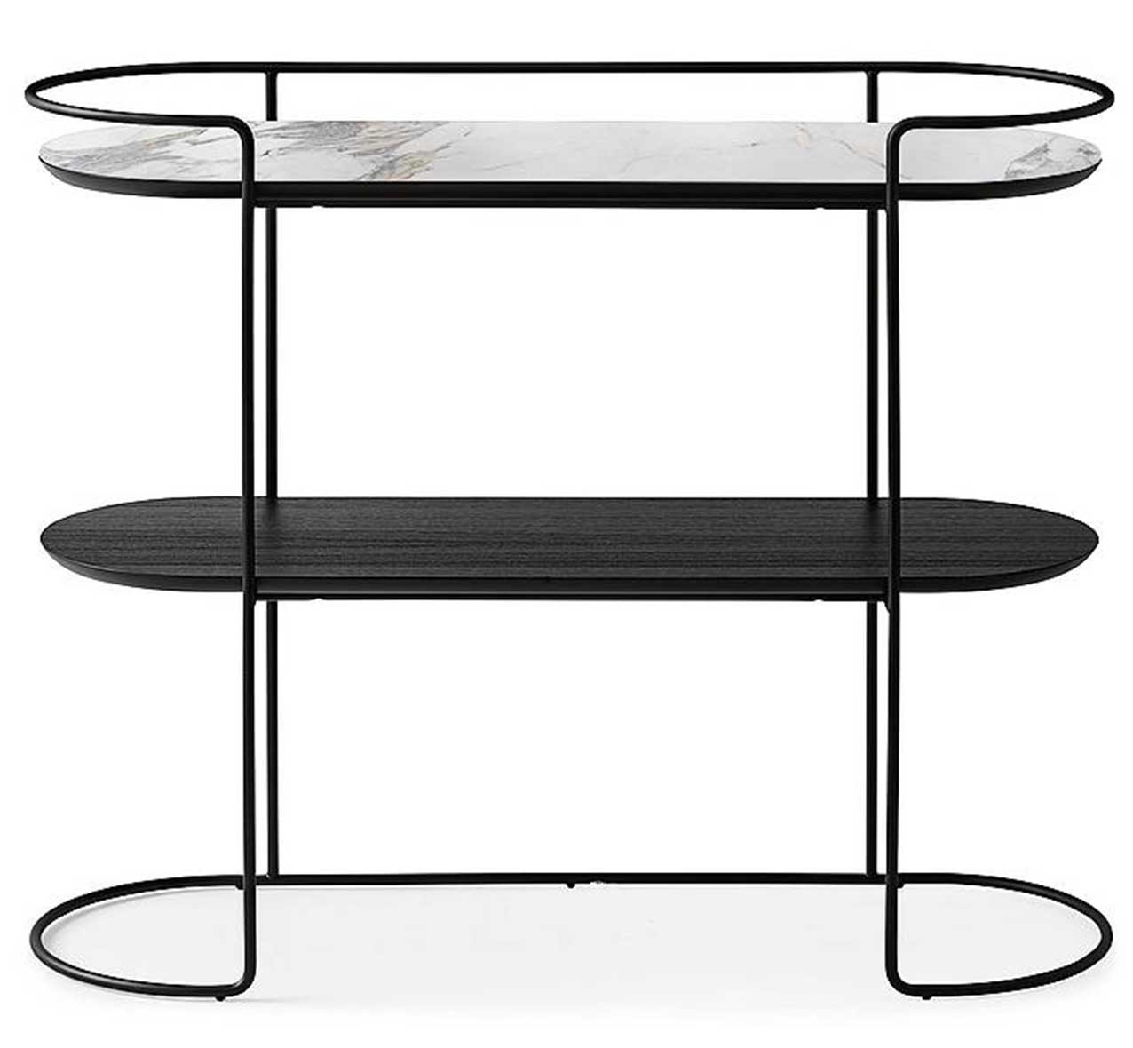 Atollo di Calligaris ha la struttura in tondino di metallo nero, il ripiano superiore in marmo bianco lucido e inferiore in legno. Misura L 100 x P 35 x H 80,5 cm. Costa da 899 euro. www.calligaris.it