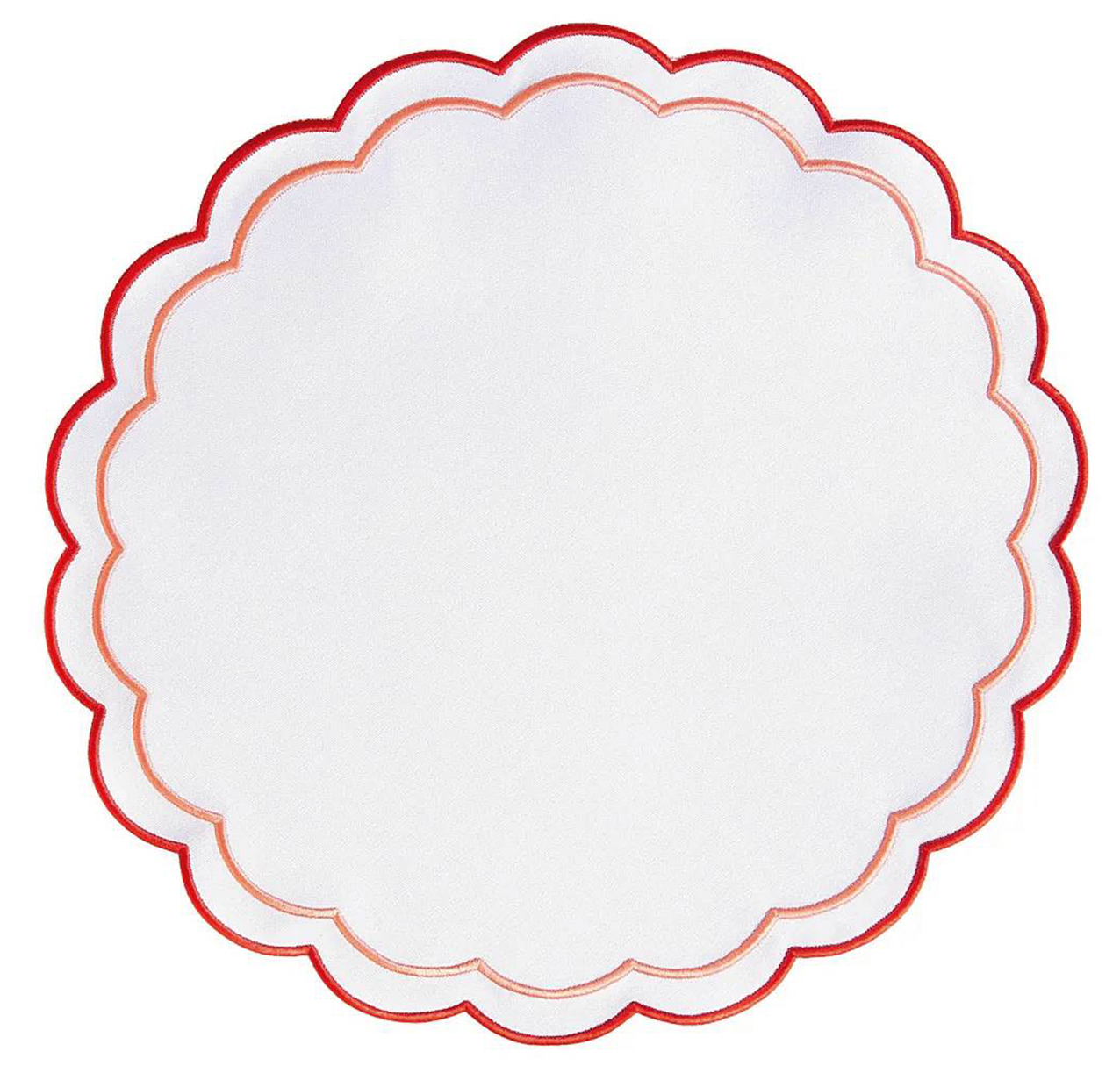 La tovaglietta americana con profili a festone (Scalloped Placemat Embroidered Red & Pink di Maison Flâneur) dialoga per contrasto con il piatto antico. www.maisonflaneur.com. La tovaglietta americana con profili a festone (Scalloped Placemat Embroidered Red & Pink di Maison Flâneur) dialoga per contrasto con il piatto antico. www.maisonflaneur.com.
