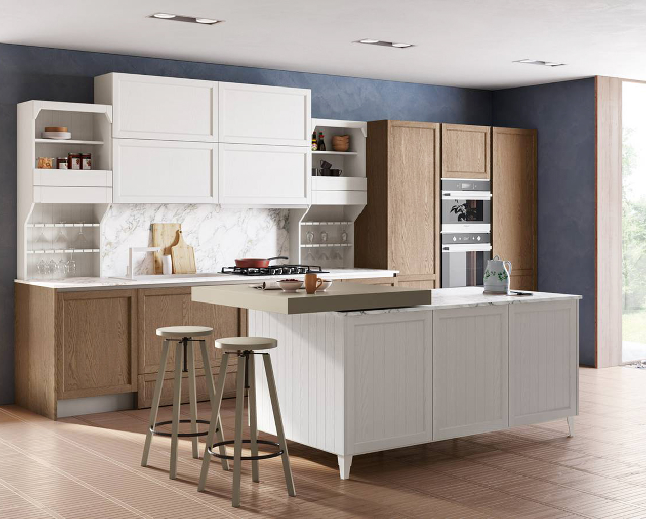 Romantica e raffinata la cucina componibile Contempo di CREO Kitchens che si sviluppa intorno all'isola centrale, completamente libera da lavello e piano cottura, pensata come spazio multifunzionale dedicato alla preparazione, alla convivialità e al contenimento. L'ampio piano continuo offre una superficie di lavoro pratica e ordinata, ideale per cucinare, servire le pietanze o condividere momenti informali con famiglia e ospiti. Le basi attrezzate con capienti cestoni garantiscono un'eccellente capacità contenitiva, mantenendo tutto il necessario sempre a portata di mano senza rinunciare all'ordine e all'eleganza. Prezzo su richiesta. https://www.creokitchens.it