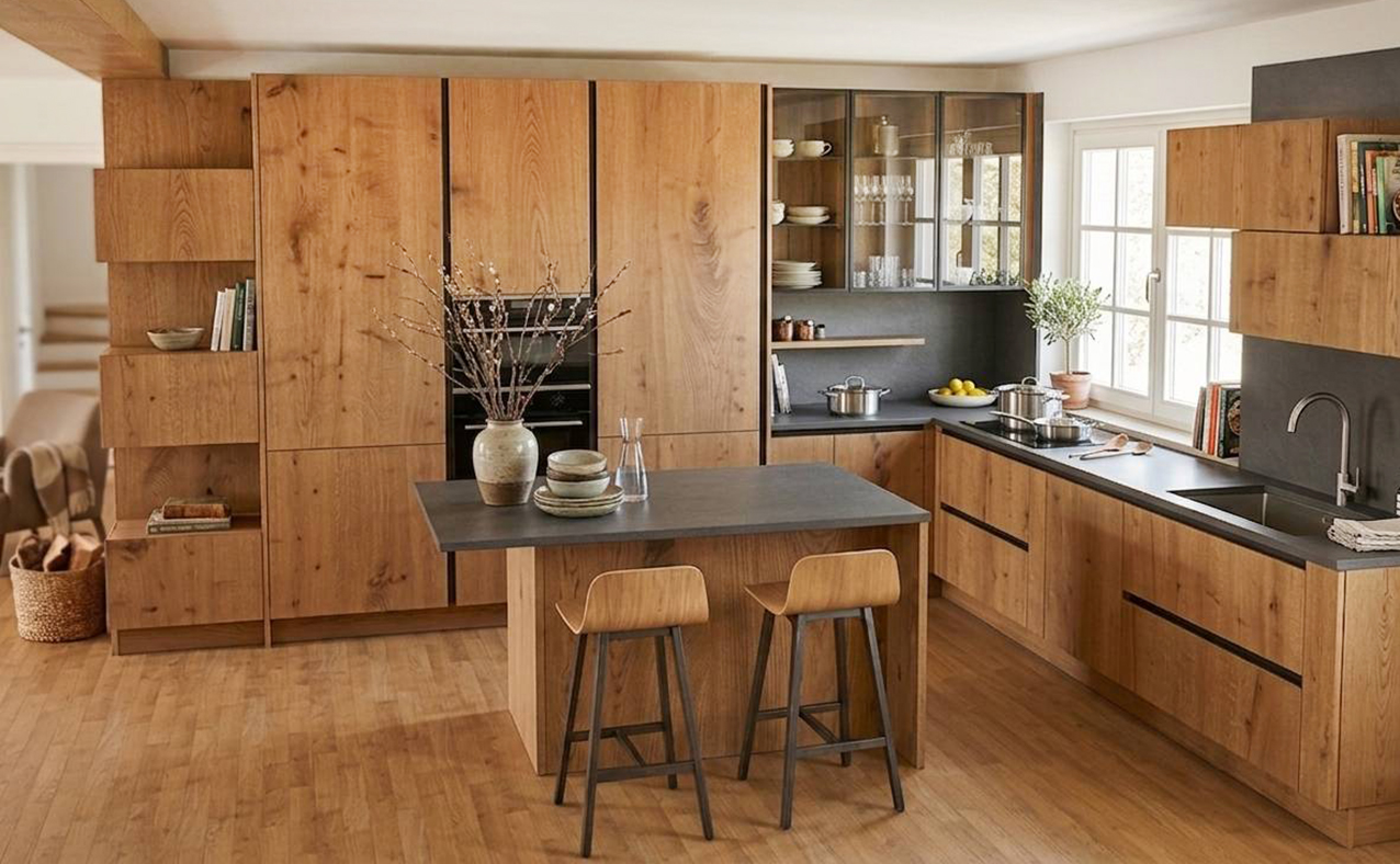 Sapore rustico per la cucina di Scandola Mobili con ante Magis Wild, nella finitura Honey Wild, la proposta che meglio esprime il carattere più materico e naturale del rovere attraverso nodi, spaccature e venature. La piccola isola centrale offre un piano libero da lavello e piano cottura che permette di preparare, appoggiare, impiattare e consumare pasti veloci grazie al bancone snack. Un modulo base da 60 cm con anta, prezzo 498 euro + Iva. https://soluzioniarredo.scandolamobili.it