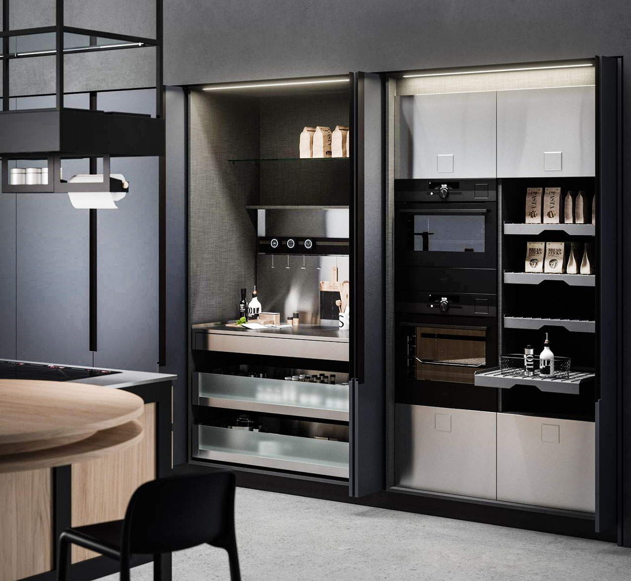 CUCINAnD'O di Aran Cucine si sviluppa intorno all'isola centrale con il piano snack rotondo in legno di olmo ed è caratterizzata da una linea minimal e da una struttura in laccato grigio opaco; il piano di lavoro è realizzato in acciaio inox. Il sistema ad ante a scomparsa, che si espande lungo tutta la parete della cucina, ne sottolinea l'estrema essenzialità e rivela scomparti e nicchie organizzate e attrezzate con piani estraibili, cassetti ed elettrodomestici ad incasso. Prezzo su richiesta. https://www.arancucine.it