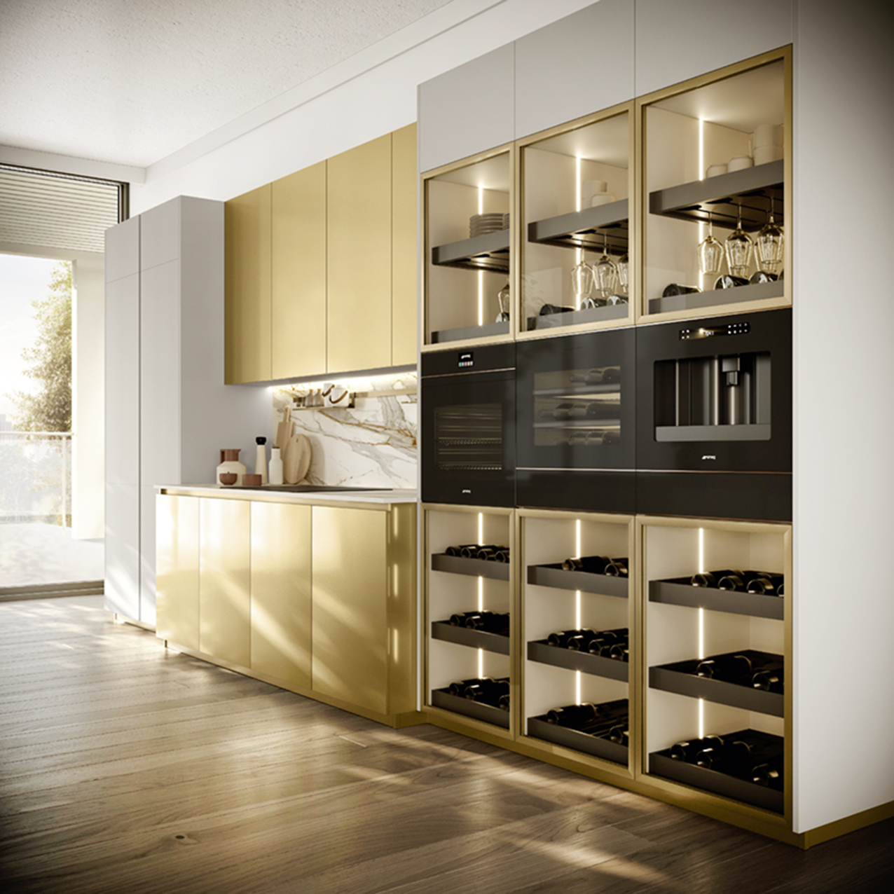 Il blocco colonne nella cucina Shade Lab Maxima di Lube è interrotto da nicchie operative che  danno vita ad una serie di spazi funzionali integrati nella composizione: possono essere utilizzate come superfici di appoggio e postazioni dedicate alle attività quotidiane, consentendo di organizzare piccoli elettrodomestici, accessori e strumenti di uso frequente in uno spazio facilmente accessibile. Le ante delle basi e dei pensili sono realizzate in Laccato UV lucido effetto metallizzato Oro; le ante delle colonne sono in vetro Bronzo. Prezzo su richiesta. https://www.cucinelube.it