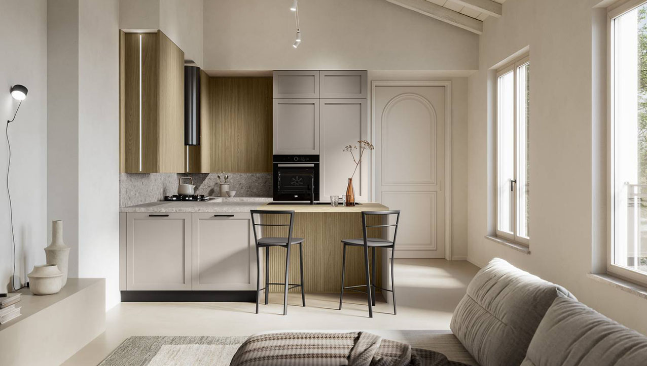 Fa parte della collezione Small Kitchens di Arredo3 la cucina Alma che è caratterizzata da una forma compatta e da un design moderno che permettono di collocarla anche in ambienti di dimensioni contenute. È presente una penisola dotata di un comodo bancone snack nella finitura laminato legno chiaro come i pensili. Le basi hanno le ante a telaio in una raffinata colorazione beige. Prezzo su richiesta. https://www.arredo3.com