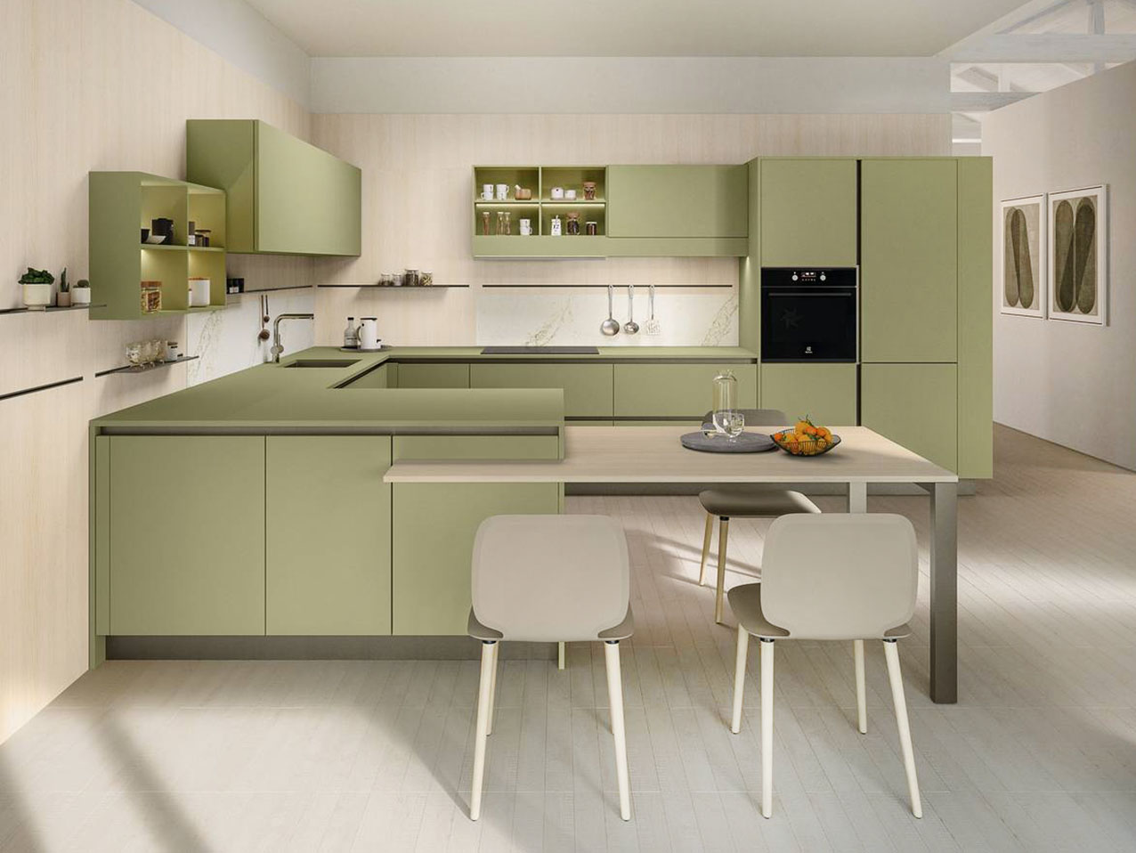 Una fresca colorazione per le ante in Smart Verde Colorboard della composizione Start-Time di Veneta Cucine che ha una forma a golfo: si articola in tre blocchi, di cui uno dotato di una penisola, dalle dimensioni contenute, con un comodo tavolo snack integrato con il piano nella finitura Frassino Chiaro. I moduli sono collegati da un pannello in legno a parete che li mette in relazione armonizzandoli. Un modulo base da 60 cm, prezzo a partire da 276 euro. https://www.venetacucine.com