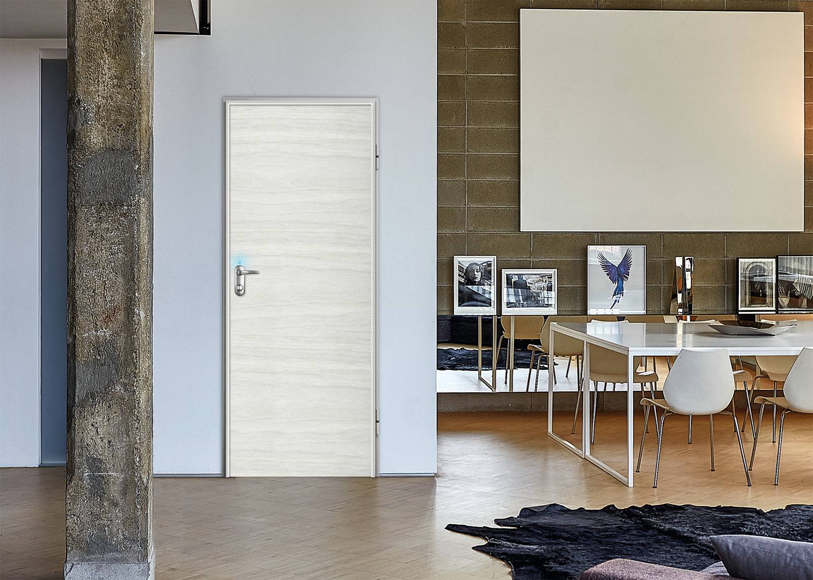 Dierre porta blindata Next Elettra, modello Synergy-in con rivestimento laminato Rovere White Aston, venatura orizzontale