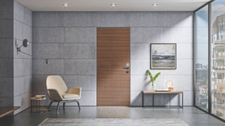 Dierre porta blindata Next Elettra, versione rasomuro Sleek con rivestimento liscio Noce Tabacco