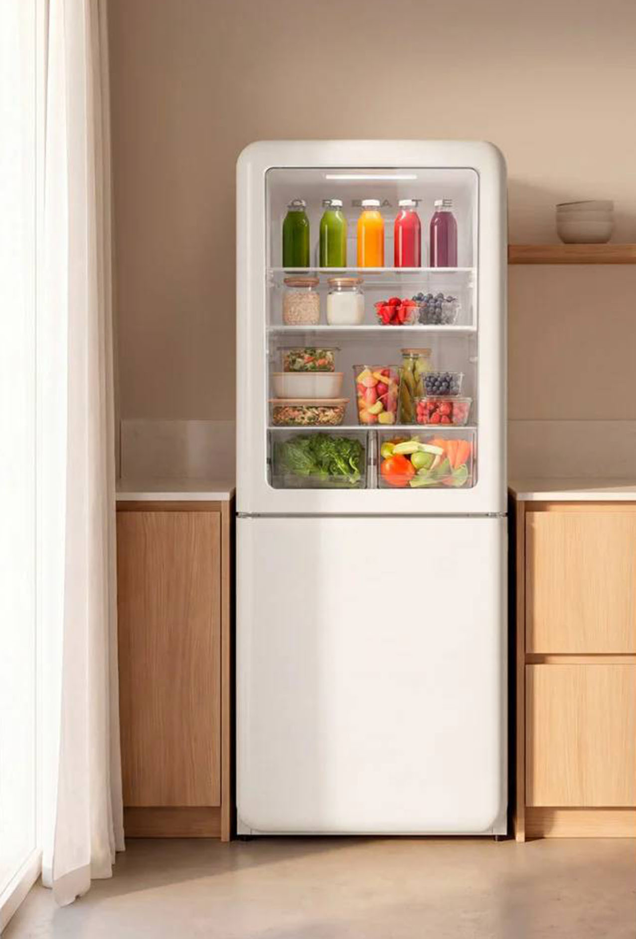 La forma di Fridge Retro Knock Knock di Create, che ricorda le vecchie ghiacciaie, contrasta con le tecnologie avanzate di cui è dotato. Il sistema No Frost mantiene gli alimenti alla temperatura ideale per conservarli più a lungo senza formazione di ghiaccio, con un doppio tocco il vetro diventa trasparente mostrando il contenuto e la tecnologia Inverter lo rende più silenzioso e a basso consumo energetico. Misura L 65 x P 70 x H 186 cm. Prezzo 1.399 euro. www.create-store.com/it