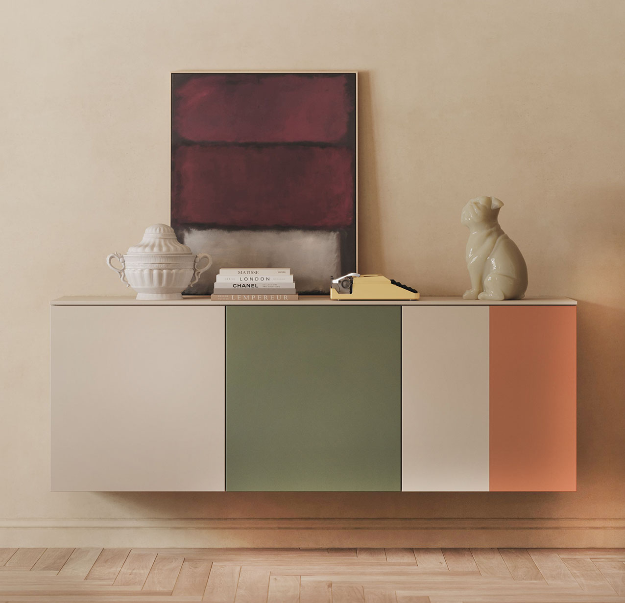 Allegre ante bicolore per la madia sospesa MD26A della collezione Day By Day di Giessegi: sono realizzate in Laccato liscio Garda, Laccato liscio Creta e Laccato liscio Ruggine. La struttura  e il top sono disponibili nelle finiture nobilitate effetto legno Teak, Rovere Nodato, Cenere Wood e Nuvola Frassino e in laccato nei vari colori di serie. Misura L 180 x P 42,3 x H 65,2 cm. Prezzo a partire da 693 euro + Iva. https://www.giessegi.it