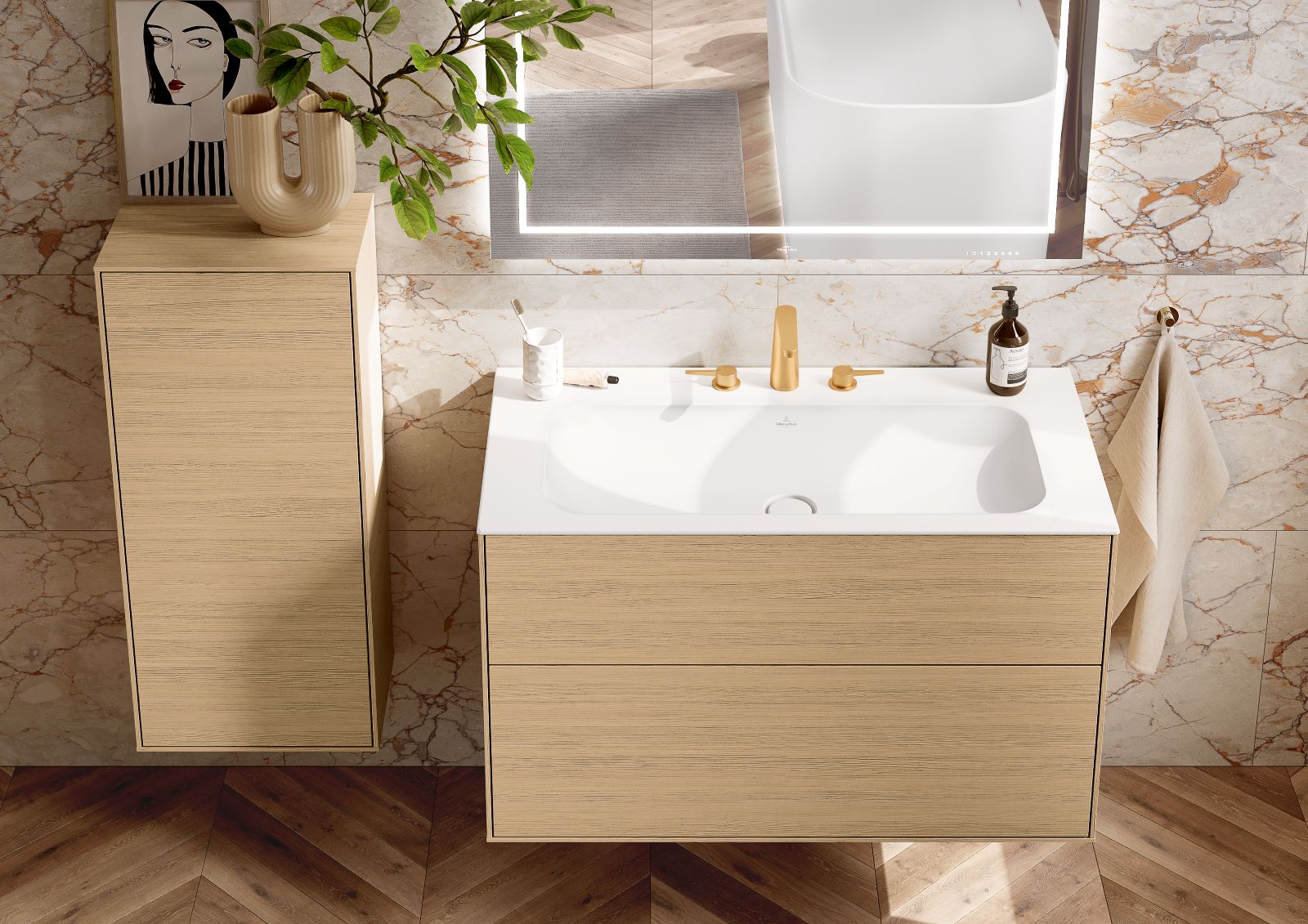 È a un’anta lo stretto mobile verticale sospeso Finion di Villeroy & Boch con due ripiani in vetro. Ha finitura Oak Veneer. Misura L 41,8 x P 27 x H 93,6 cm. Prezzo, Iva esclusa, 2.040 euro. www.villeroy-boch.it