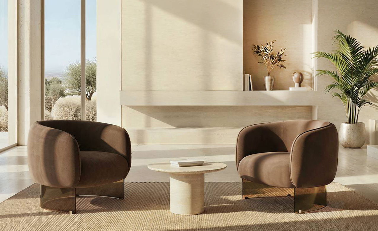 Una base in vetro curvato, nella raffinata colorazione bronzo, per le poltrone avvolgenti On Air di Fiam Italia: sono completamente rivestite in tessuto Nubuk marrone scuro e hanno i piedini  realizzati in alluminio nella finitura spazzolato. Sono sfoderabili e sono disponibili anche nella variante in pelle. Misurano L 80 x P 72 x H 65 cm. Prezzo 6.125 euro. https://www.fiamitalia.it