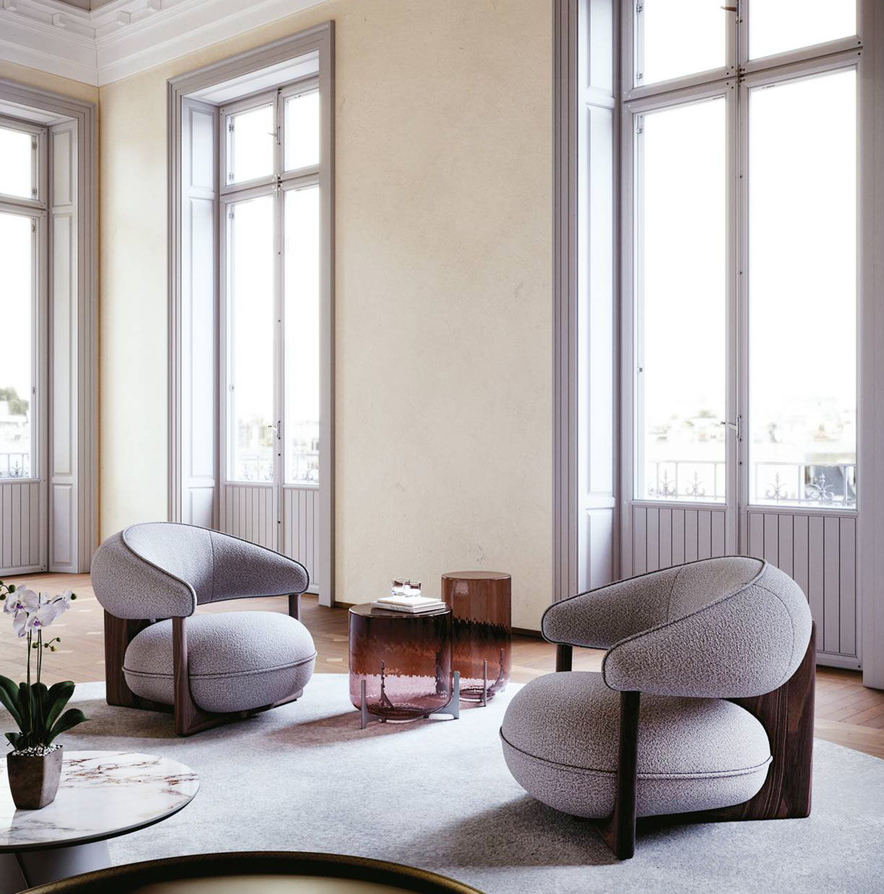 Una struttura in frassino tinto noce Canaletto o rovere bruciato per le poltrone Ruby Lounge di Cattelan Italia dal design arrotondato e avvolgente, sottolineato dai braccioli che si fondono con lo schienale. I volumi generosi della seduta si completano nella morbidezza della cuscinatura in poliuretano espanso ad alta densità, che garantisce massimo sostegno. Il rivestimento con cuciture a vista, non sfoderabile, è disponibile in tessuto, micro nubuck o pelle. Misurano L 81 x P 92 x H 76 cm. Prezzo su richiesta.  https://www.cattelanitalia.com