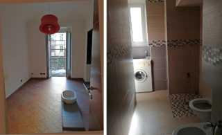 La camera attuale occupa lo spazio dell'ex cameretta. La pianta è rimasta invariata,
è stata conservata la finestra e sul vecchio pavimento è stato incollato il nuovo parquet prefenito. Il bagno, che ha ceduto una piccola porzione al secondo bagno di nuova costruzione, è stato completamente ristrutturato. Modificata anche la posizione di sanitari e doccia. La camera attuale occupa lo spazio dell'ex cameretta. La pianta è rimasta invariata,
è stata conservata la finestra e sul vecchio pavimento è stato incollato il nuovo parquet prefenito. Il bagno, che ha ceduto una piccola porzione al secondo bagno di nuova costruzione, è stato completamente ristrutturato. Modificata anche la posizione di sanitari e doccia.