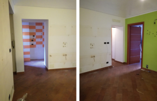 A sinistra dell'ingresso, che apre sul soggiorno, la stanza con le piastrelle bianche e arancioni corrispondeva alla cucina. Nell'altra foto, la porta sulla parete bianca (quella che ora ospita la nuova parete attrezzata) dava accesso al corridoio che disimpegnava una camera e il bagno; l'altra porta era quella di una seconda camera, diventata ora la cucina. A sinistra dell'ingresso, che apre sul soggiorno, la stanza con le piastrelle bianche e arancioni corrispondeva alla cucina. Nell'altra foto, la porta sulla parete bianca (quella che ora ospita la nuova parete attrezzata) dava accesso al corridoio che disimpegnava una camera e il bagno; l'altra porta era quella di una seconda camera, diventata ora la cucina.