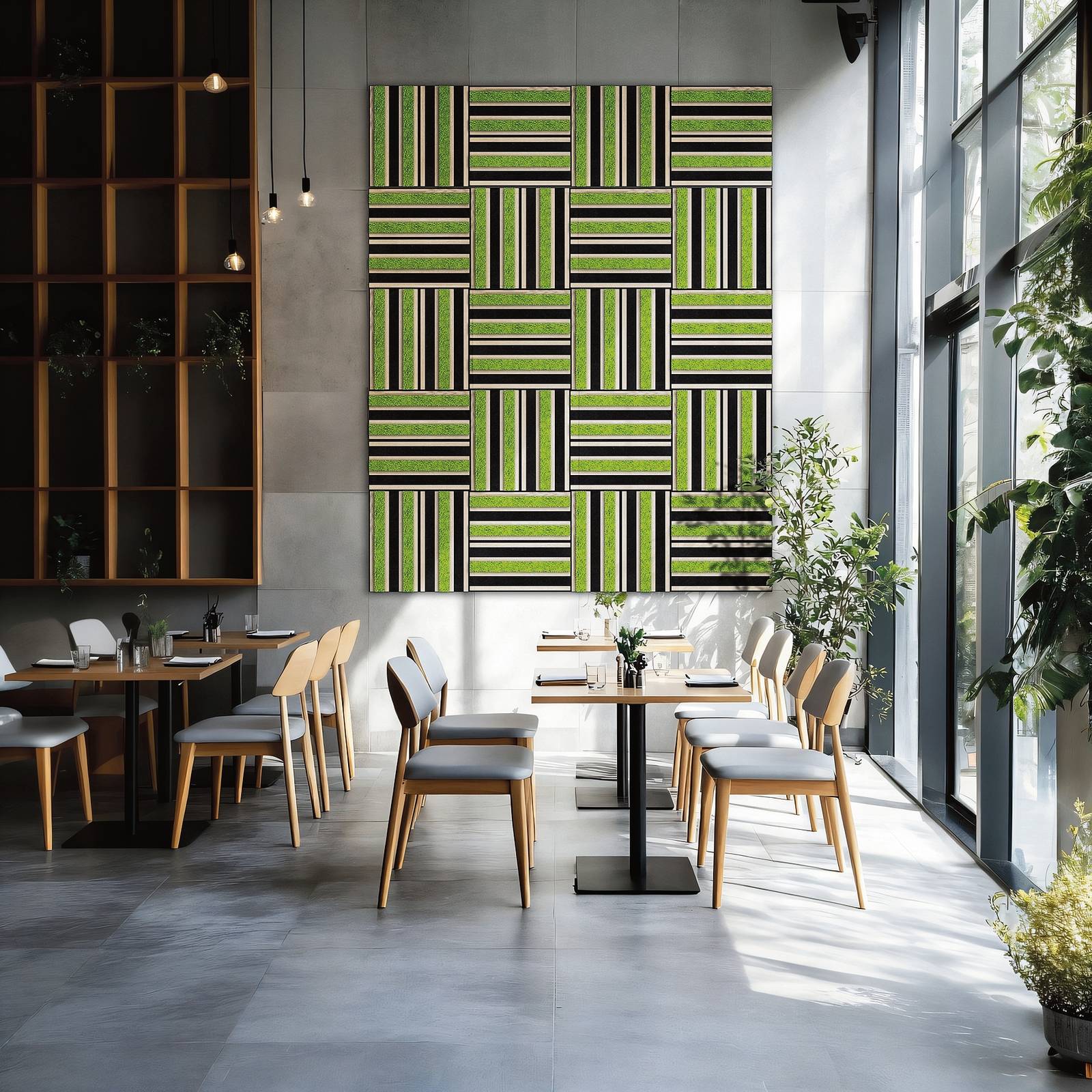 La collezione AKUBEN di Benetti migliora la qualità acustica degli spazi grazie all'alternarsi di “bacchettato” di legno e moss. Ogni pannello presenta una base di legno certificato posta su uno strato di feltro riciclato. Prezzo su progetto. www.benettihome.i