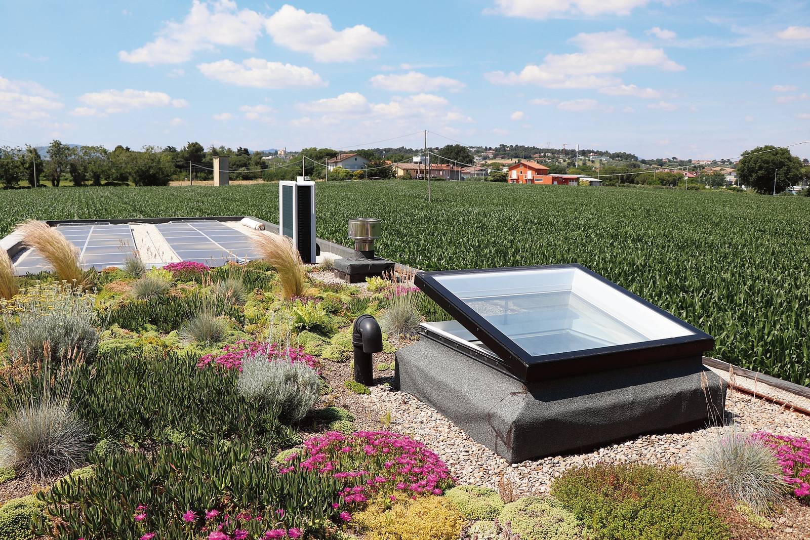 Sono indice di qualità: permeabilità, ritenzione
idrica, fertilità e ossigenazione del substrato,
smaltimento dell'eccesso d'acqua.
GreenROOF, sviluppato
da Isopan e DAKU, integra sistemi verdi con pannelli sandwich ad alte prestazioni. Studiato per soluzioni sia estensive sia intesive,
su tetti piani, è costituto da materiali che lavorano tra loro
in armonia e sinergia. www.isopan.it, www.daku.it