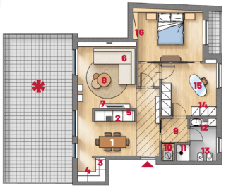 Per quanto riguarda il progetto d'interior, nella composizione
della zona giorno è centrale il tavolo da pranzo rettangolare (1) inquadrato, su lato del soggiorno, dal blocco con le colonne frigo, forno e dispensa (2) e, su quello opposto, dalla parete libera
a lato della porta (3) che
è stata allungata per contenere
i mobili della zona cottura (4).
Il salotto al di là della quinta a U (5) si compone di un divano letto angolare (6) in posizione utile per godere della vista sul terrazzo
e guardare la tv (7), più una serie di tavolini (8). Sull'altro lato della casa, il bagno, anticipato da un disimpegno (9) su cui affaccia anche il vano lavanderia
(10), è attrezzato con doccia
in nicchia (11), mobile lavabo (12)
su un lato e sanitari (13) su quello opposto. Nello studio, in gran parte occupato da armadiature (14), al centro e a favore di luce c'è una scrivania (15). In camera a sinistra del letto la parete è attrezzata con una libreria (16). Per quanto riguarda il progetto d'interior, nella composizione
della zona giorno è centrale il tavolo da pranzo rettangolare (1) inquadrato, su lato del soggiorno, dal blocco con le colonne frigo, forno e dispensa (2) e, su quello opposto, dalla parete libera
a lato della porta (3) che
è stata allungata per contenere
i mobili della zona cottura (4).
Il salotto al di là della quinta a U (5) si compone di un divano letto angolare (6) in posizione utile per godere della vista sul terrazzo
e guardare la tv (7), più una serie di tavolini (8). Sull'altro lato della casa, il bagno, anticipato da un disimpegno (9) su cui affaccia anche il vano lavanderia
(10), è attrezzato con doccia
in nicchia (11), mobile lavabo (12)
su un lato e sanitari (13) su quello opposto. Nello studio, in gran parte occupato da armadiature (14), al centro e a favore di luce c'è una scrivania (15). In camera a sinistra del letto la parete è attrezzata con una libreria (16).