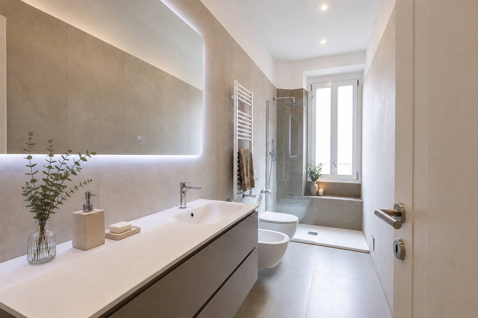 Il bagno è caratterizzato dai rivestimenti Clay Trust&Calm di Mirage, dal mobile bagno Calix di Novello, dalla rubinetteria Effepi, dai sanitari Globo, dal box doccia Italo di TDA e dallo specchio retroilluminato Replay di Deghi. Il bagno è caratterizzato dai rivestimenti Clay Trust&Calm di Mirage, dal mobile bagno Calix di Novello, dalla rubinetteria Effepi, dai sanitari Globo, dal box doccia Italo di TDA e dallo specchio retroilluminato Replay di Deghi.