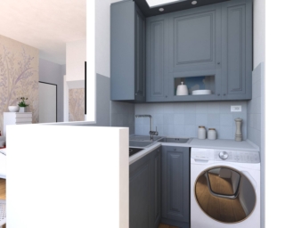 Cucina ad angolo piccola ridipinta di grigio